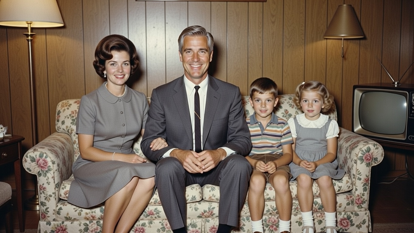 Happy family walking under umbrella in the rain