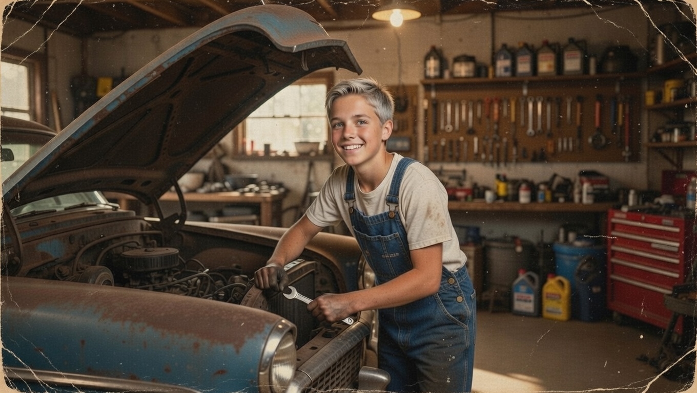 Young boy working on project in garage with tools