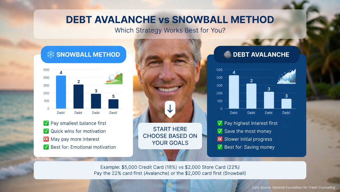 Debt Avalanche vs Snowball method comparison infographic