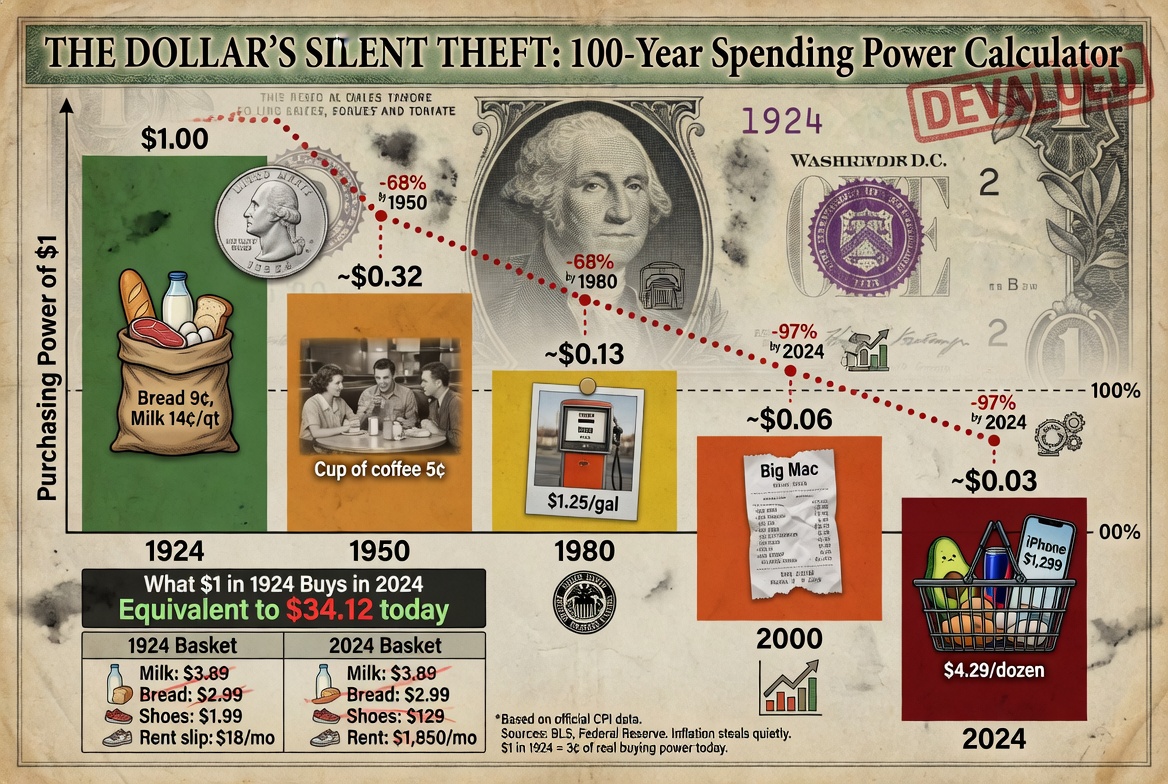 The Dollar’s Silent Theft: 100-Year Spending Power Calculator