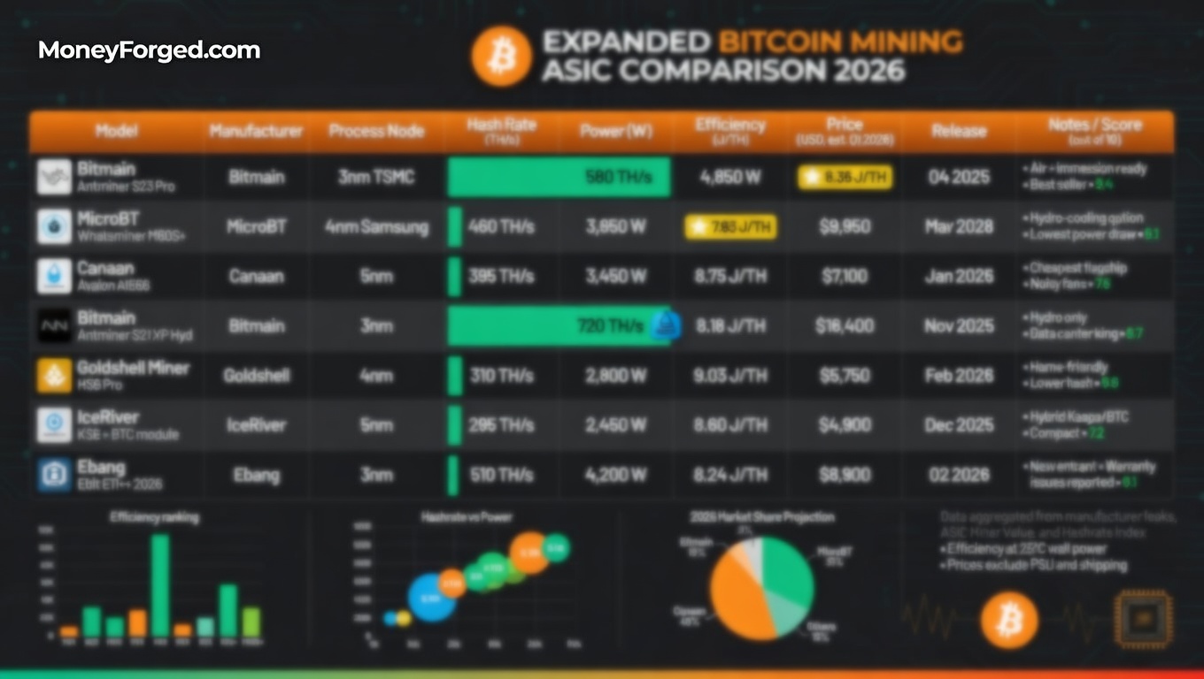 Expanded Bitcoin Mining ASIC Comparison 2026: 6 Models Head-to-Head